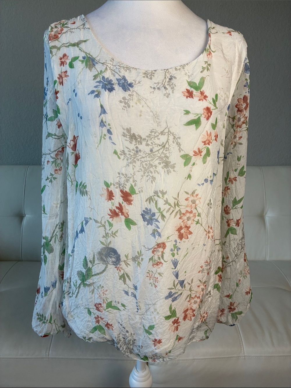 Silk Elena Baldi Light Cream Floral Scoop-Neck Long Semi-sheer Sleeve Blouse